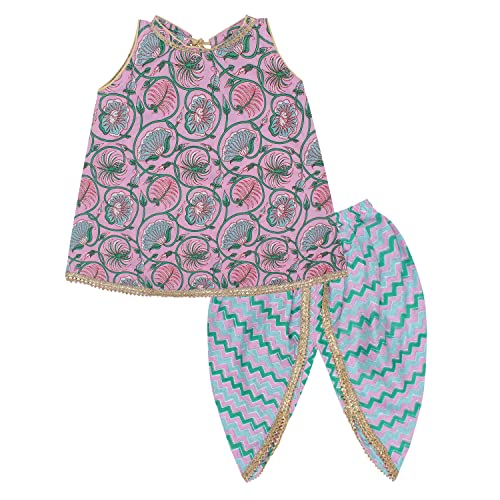 superminis Baby Girls Sangakari Print A Line Style Sleeveless, Round Neck Kurti and Dhoti with Elastic Closure Ethnic Dress (Pink, 6-7 Years)