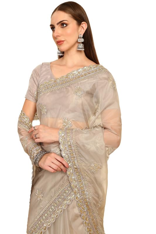 Soch Womens Grey Sequinned Embellished Organza Saree With Zardosi