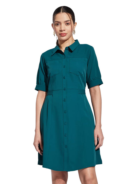 Latin Quarters Women Green Collared Half Sleeves Solid A-Line Shirt Dress for Casual Wear