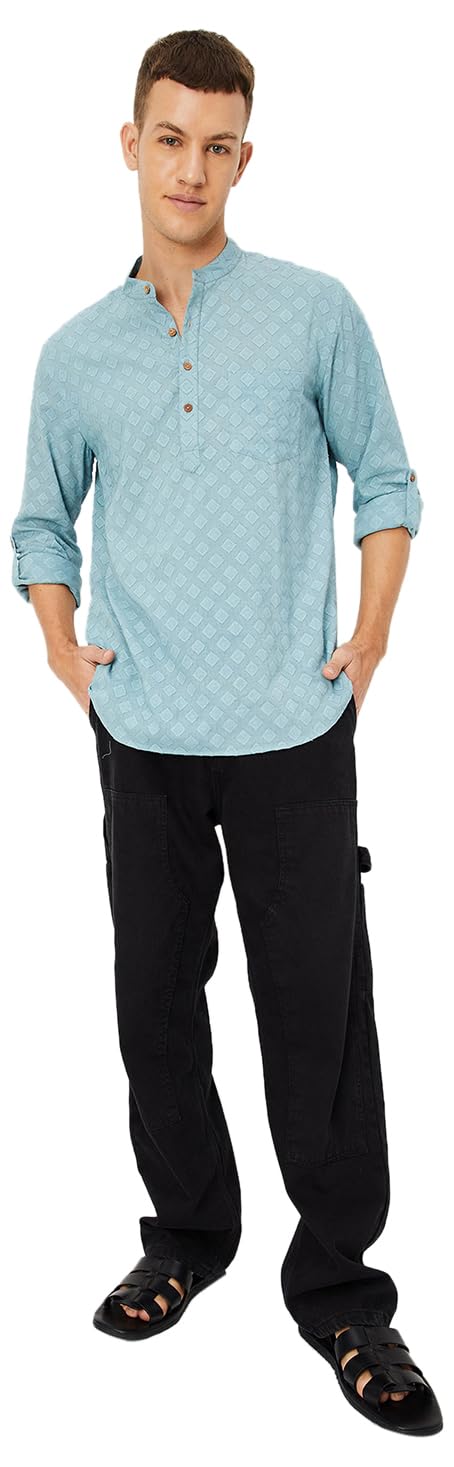 Men Dobby Woven Short Kurta, Grey, XXL