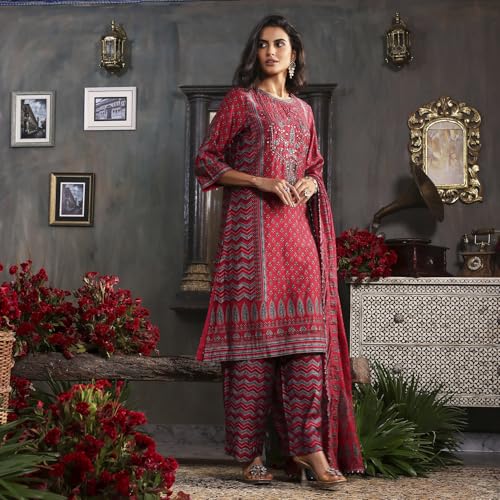 Biba Women Red Viscose Straight Printed Kurta Set_42