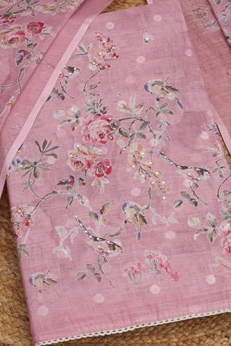 Soch Womens Blush Pink Linen Botanical Print Unstitch Dress Material With Sequins