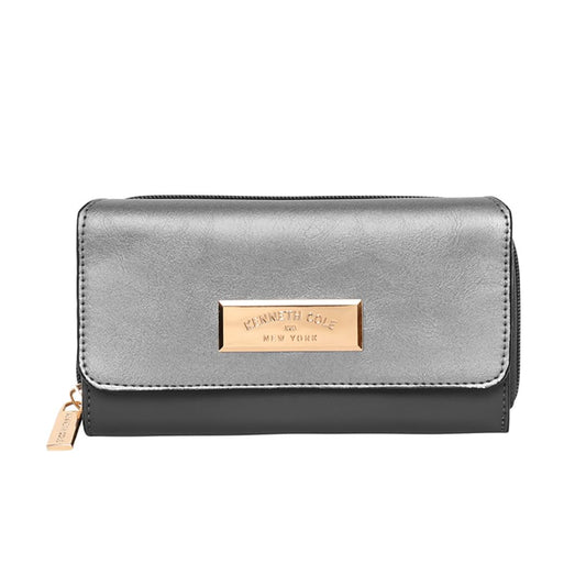 KENNETH COLE Ladies Front Flap Wallet | Women's Tri-fold Clutch Organizer with a Wide 3-Quarter Opening Zip-Around Compartment | Premium PU Leather | Sturdy, Stylish & Secure, GUN METAL