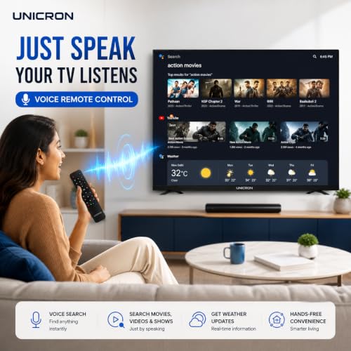 UNICRON 32 Inch Android Smart TV with Voice Control Remote, HD Ready LED Television, WiFi Built in 30W Speaker, IPS Display & Apps Compatible (Netflix, Prime)