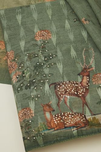 Soch Womens Green Linen Botanical Print Unstitch Dress Material With Sequins