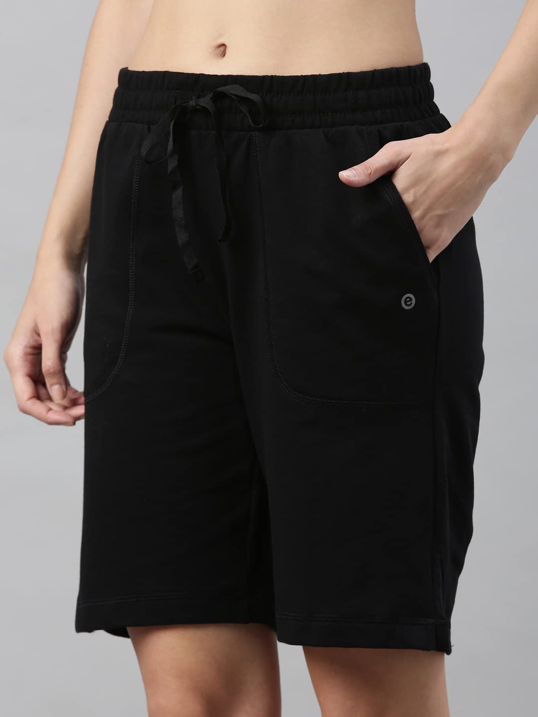 Enamor Essentials Womens Mid Rise Relaxed Fit 100% Cotton Knee Length Shorts Bermuda with Elasticated Waistband and Pockets - E080-(E080_Jet Black_XL)