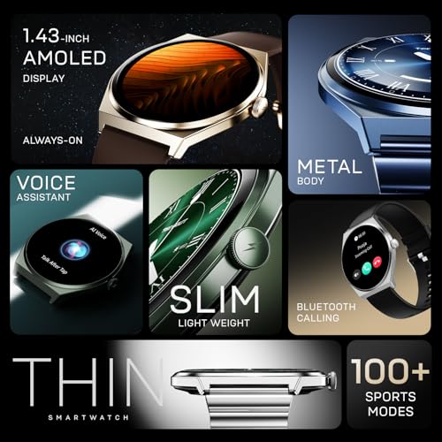 Fire-Boltt Phoenix Nova Smartwatch 1.43” Slim Super AMOLED Display, 466x466 Pixel Always-On Display, Bluetooth Calling, Health Tracker for Men & Women Midnight Black