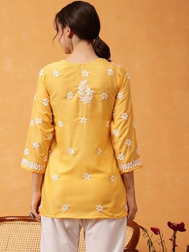 Ada Women Muslin Regular Hand Embroidered Lucknowi Chikankari Straight Top Tunic Short Kurti A911423 Yellow (XL)