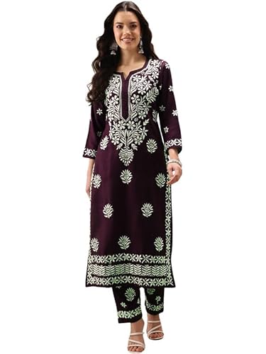 Ada Hand Embroidered Lucknowi Chikankari Cotton Kurta and Pant Set for Women A811276 Wine (S)