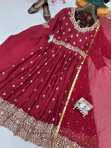 styledaura Women Chinon Silk Embroidered Anarkali Gown with Dupatta | Sequins & Zari Work | Fully Stitched Ethnic Wear | Long Flared Dress (Size-M, Maroon) (in, Alpha, XL, Regular)