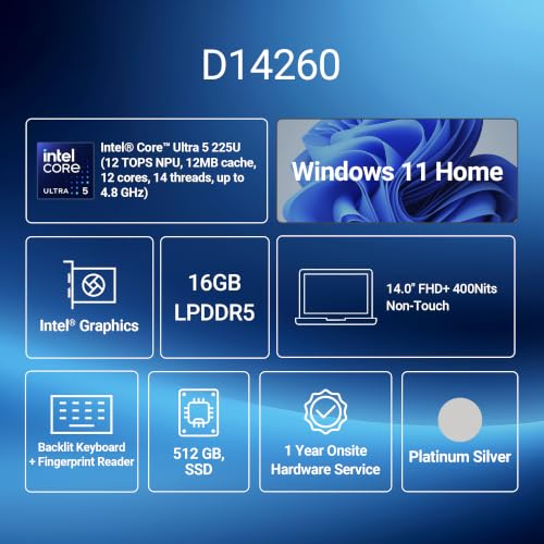Dell 14 AI Powered Laptop, Intel Core Ultra 5 225U Processor, 16GB:512GB, 35.5cm (14") FHD+ 400nits Display, (Dell 14), Backlit Keyboard + Fingerprint Reader, Win 11 + MSO'24, 1.54kg Thin & Light