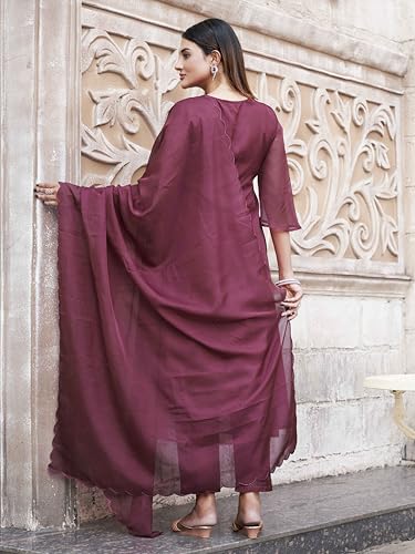 Womanista Women's Organza Kurta with Trouser & Dupatta (Kurtaset_1437_Rose_2XL)
