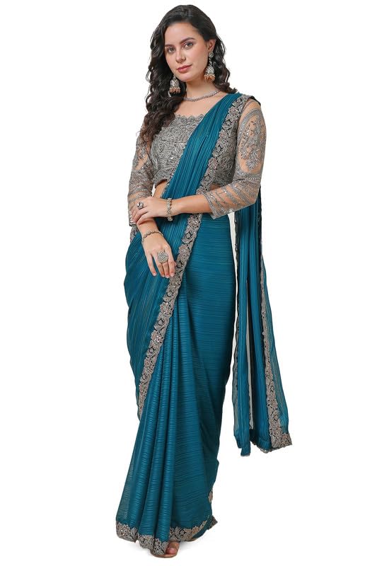 Soch Womens Teal Striped Chiffon Saree Sequins Border