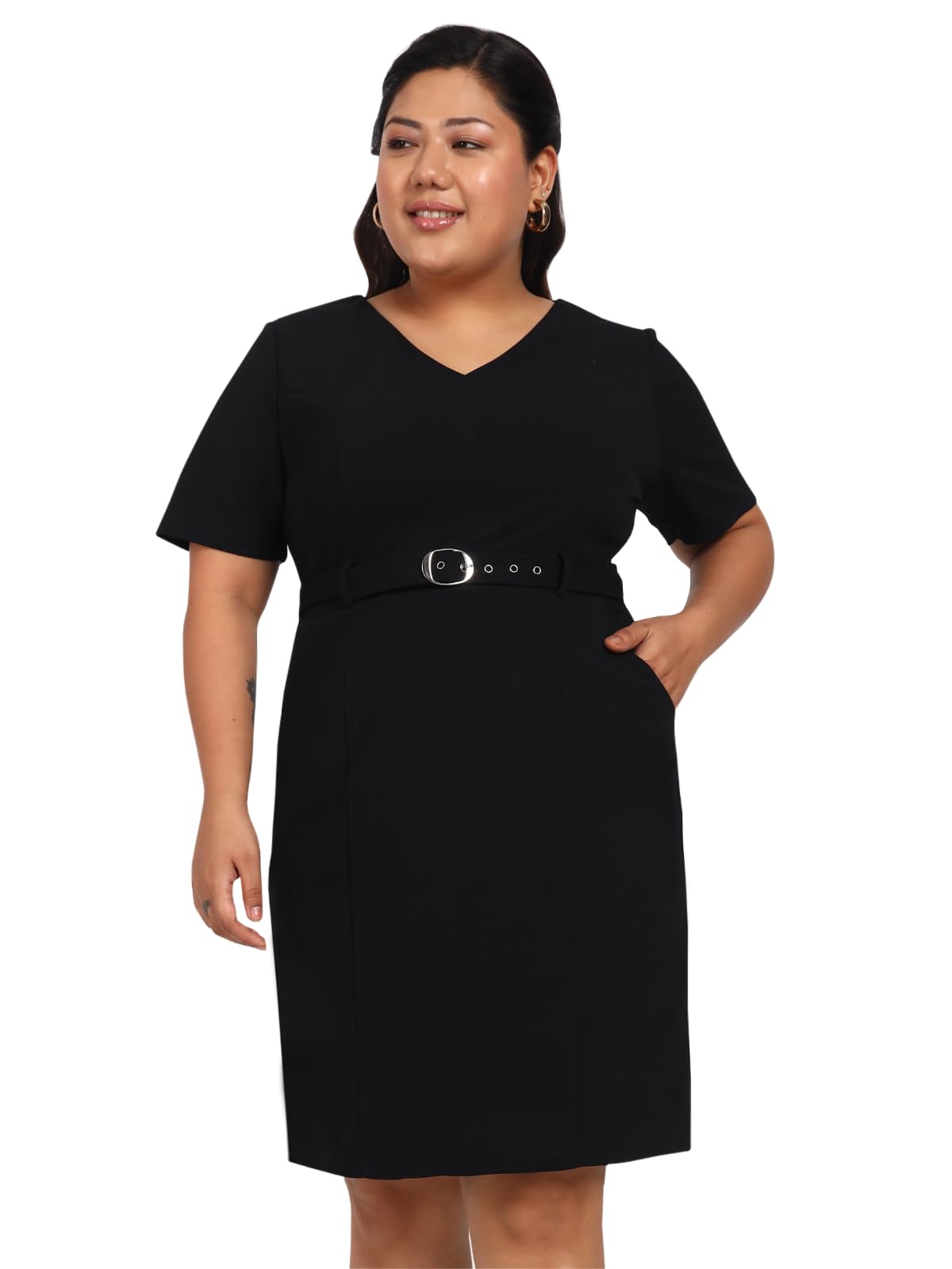 wild U Women Plus Size Western Dress | Stretchable | Pocket | Stylish | with Belt | Formal Office Wear (Black, Size : 6XL)