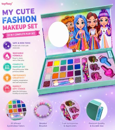 Kids Washable Makeup Kit for Girls with Mirror, Pretend Play Cosmetic Set, Eyeshadow Palette, Lip Gloss, Brushes & Accessories Gift Toy