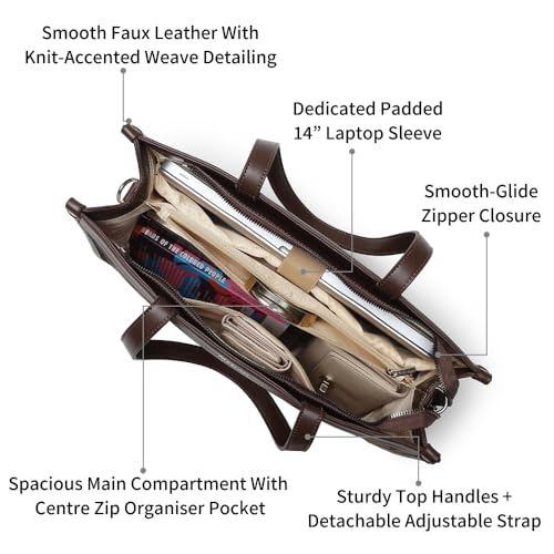 Fastrack Cocoa Weave Laptop Tote Bag for Women |Faux Leather Work Tote with Knit Front Detail | Dual Carry Handles & Detachable Adjustable Strap | Zipper Closure | 14" Laptop Sleeve & Organiser Pocket