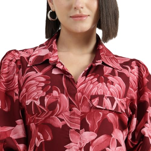 United Colors of Benetton Regular Fit Spread Collar Tropical Printed Dress (Size : XS) - 26P4DRESS057I901 Maroon