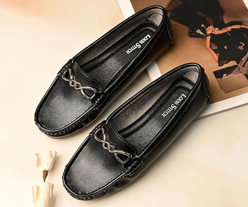 LOUIS STITCH Women's Black Premium Slip-On Loafers with Buckle | Elegant Solid Slip-On Comfort Shoes for Casual and Formal Wear | Slip-On Loafer Shoes for Women | LSLD-BLR-HS02-JB | UK-8