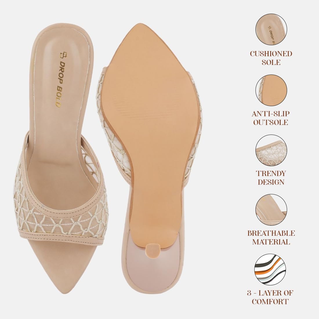 DROP BOLD Stylish Heels Women’s Beige Mesh Stiletto Sandals | Slip-On Party Heels for Girls & Women | Open Toe Fashion Mules