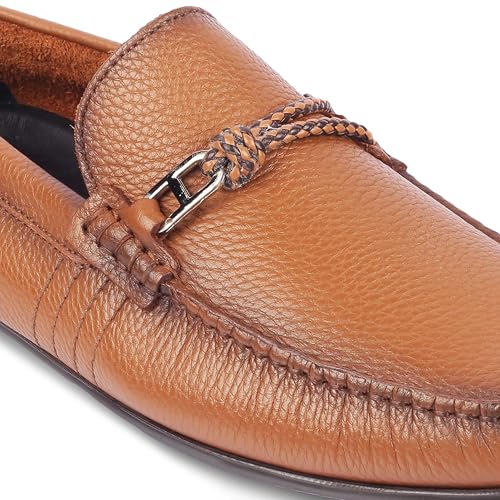 tresmode MONOC Men's Driving Loafers Leather Shoes Tan, 7 UK / 41 EU - Round Toe TPR Sole Casual Footwear Penny Soft - Light Weight, Comfortable and Long Life