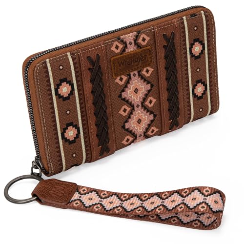 Wrangler Wallet Purse for Women Western Aztec Clutch Wristlet Wallet with Credit Card Holder, Dark Brown, Wallet