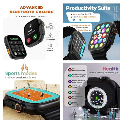 Mens & Womens Smartwatch | Bluetooth Calling | 1.99" HD Touch Display | 1-Game | Calculator | Calander | Fitness & Sports Mode | Waterproof | Change Wallpaper | B+C4 | (Black/Orange Straps)