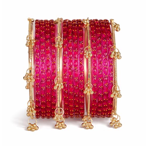 Shining Diva Fashion 16 Pcs Traditional Stylish Glass Ghungroo Kashmiri Bangles Set for Women & Girls (rrsd17374b_2.4_17387b_2.4) (Ruby Pink)