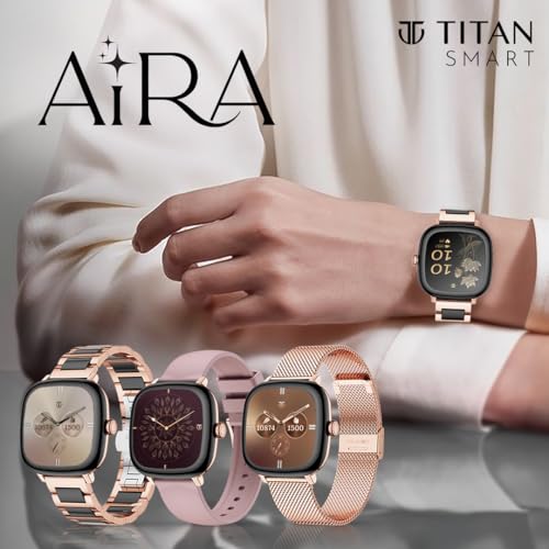 Titan AiRA 1.70" AMOLED Metal Case Square Display Smart Watch with Silicone Strap Stress Monitoring, 1000 Nits, Functional Crown, AI Enabled, IP68 Water Resistant Upto 7 Days Battery Life - Rose Gold