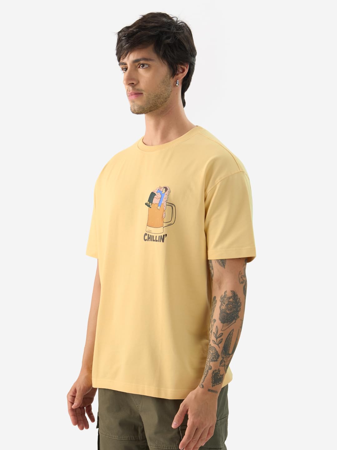 The Souled Store Explore The Unseen Men and Boys Short Sleeve Round Neck Green Embroided Cotton Oversized T-Shirts