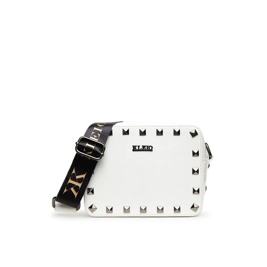 KLEIO Structured Studded Patent Vegan Leather Sling Cross Body Bag for Womens and Girls (HO8051KL-WH) (White)