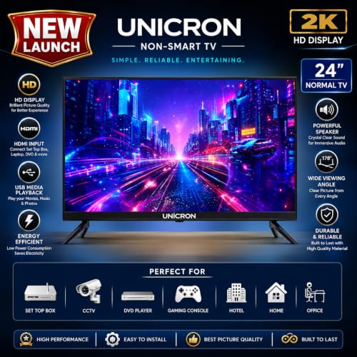 UNICRON 24 Inch HD LED TV Non Smart 20W Sound Output, Premuim Slim Design Crystal Clear Display with HDMI & USB Ports, Ideal for Home, Office & Monitor Security More(Black)