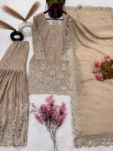 SAMUYA Embroidered Sharara Set, Beige, Net Fabric, Sequin Work, 3-Piece Suit with Dupatta (IN, Alpha, 2XL, Regular)
