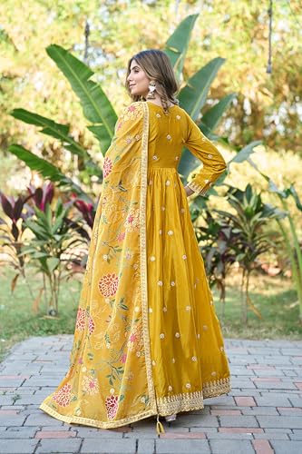 Miss Ethnik Women's Yellow Chinon Stitched Gown With Dupatta Full Sleeve Embroidered A-Line Gown (ME-1308-Yellow-3XL)