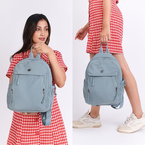 12o12 Women Backpack for College, Office, Travel, Daily Use, Outdoor, Lightweight Water Resistant Nylon Stylish Daypack Bag with Multiple Pockets, Adjustable Straps, Durable Zipper (Pastel Blue)