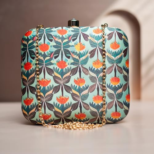 Artklim Blue And Orange Floral Printed Clutch