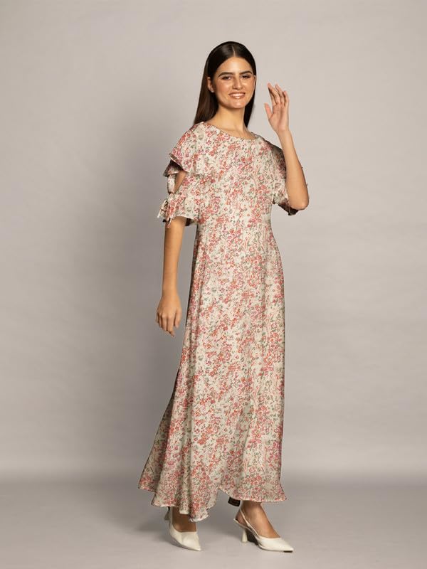 Zink London Women's Beige Floral Print Flared Maxi Dress