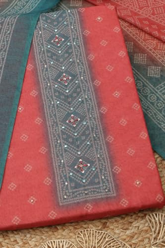 Soch Womens Rust Chanderi Bandhani Dress Material With Machine Embroidery and Faux Mirror