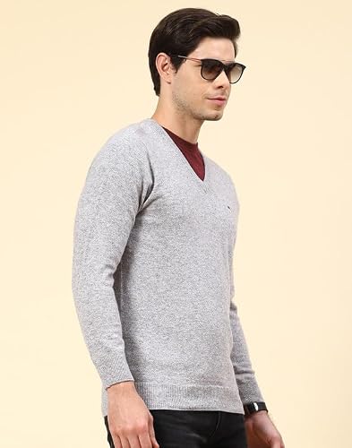 Monte Carlo Lt Grey Mix Solid V Neck Pullover | Warm Woolen Pullover for Men | Soft Comfortable Knitted Winter Wear Sweater for Men's