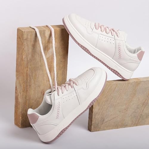 ROSEMEAD Women Casual Sneaker Shoes |Stylish and Comfortable Lace-Up Style Soft Cushioned Insole, Slip-Resistance (White-Peach) White-Peach_UK- 3