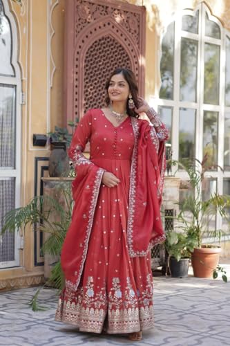 doxy craft Women's Red Anarkali Gown with Dupatta, Floral Embroidered, Full Sleeve, Festive Ethnic Wear
