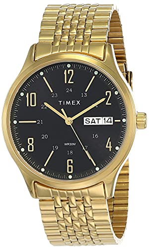 TIMEX Classics Analog Watch for man with Black Round Dial & Gold Stainless Steel Bracelet Band Water Resistant Men's Wrist Watches - TW0TG6504