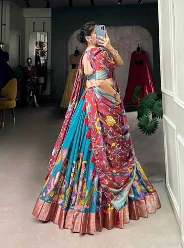 FIBREZA Women's Tussar Silk Lehenga Choli Set Semi-Stitched | Patola Print with Foil Work | Unstitched Blouse | Designer Ethnic Wear for Navratri, Wedding, Festival Prewedding Photoshoot (Rama)