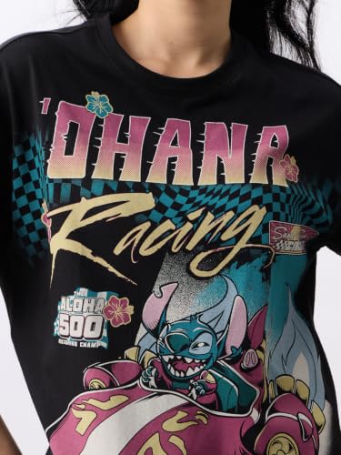 The Souled Store Lilo & Stitch: Ohana Racing Women and Girls Short Sleeves Round Neck Black Graphic Printed Cotton Oversized Breathable Lightweight All-Season T-Shirts