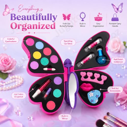 Jugutoz 2-in-1 Butterfly Makeup & Nail Art Kit for Kids | Big Pretend Play Beauty Case | Non-Toxic Cosmetic Set with Nail Accessories | Gift for Boys & Girls