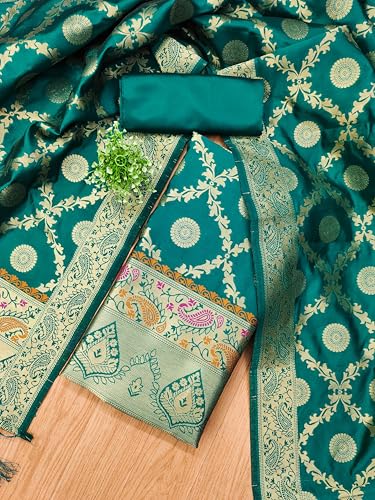 SHANTVAN GALLERY Pure Zari Silk Suit Dress Material for Woman premium banarasi dress materials for women with soft silk top bottom and dupatta unstitched set in elegant Mango design - Teal