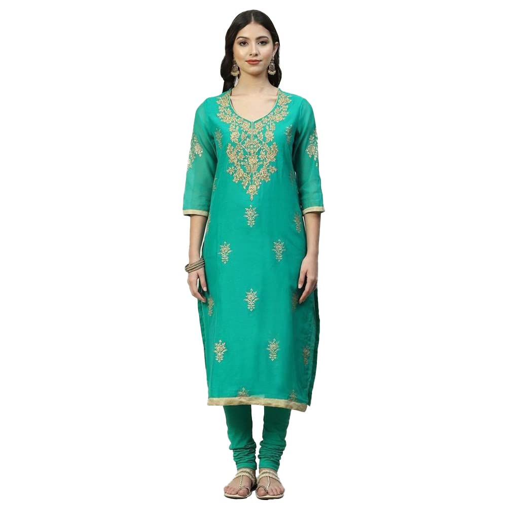 BIBA Cotton Women Printed Fitted Salwar Kurta Dupatta(Skdassorted7716_Green_38)