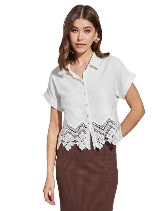 Latin Quarters Women White Collar Neck Half Sleeve Printed Shirt Blouse_L