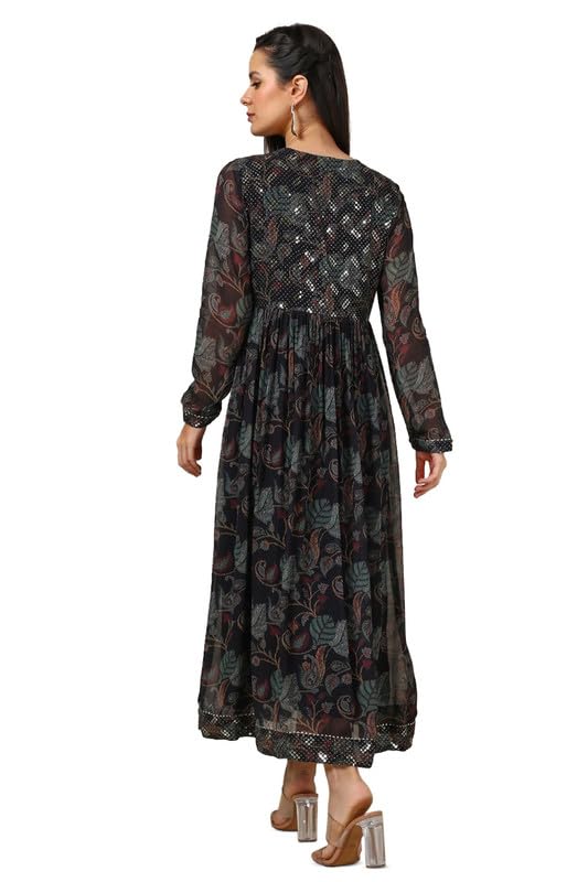 Soch Womens Black Chinon Botanical Print Dress with Stones and Sequins