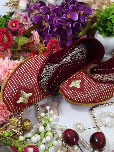 Fulkari Women Red 3D Stone Gold Casual Genuine Soft Leather Jutis | Bite and Pinch Free Juttis | Punjabi Jutti | Girl's Office Flat Ladies Mojari | dailywear Ethnic Juti | 38