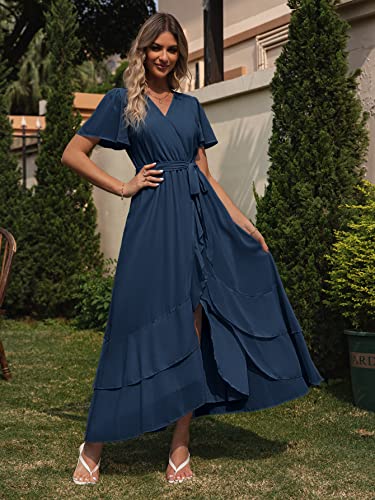 Simplee Womens Summer Chiffon Wrap Casual Maxi Ruffle Split Dress Flowy Bridesmaid Wedding Party Evening Cocktail with Belt, Ruffle-navy Blue, XL